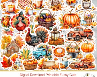 May include: A collection of watercolor-style stickers featuring autumn and Thanksgiving themes. Includes pumpkins, turkeys, pies, owls, baskets of produce, and vintage trucks. The text reads "Digital Download Printable Fussy Cuts High Resolution Images 8.5"x11" Sheets."