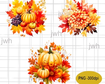 Pumpkin Autumn Leaves Watercolor PNG for Sublimation, Instant Download, Digital Download, Sublimation Designs, Fall Decor Clipart