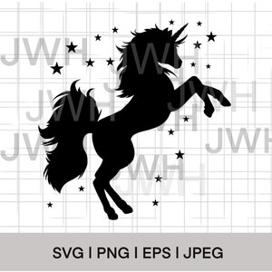 Puede incluir: Una silueta negra de un unicornio con un cuerno y una melena y cola fluidas, saltando con estrellas a su alrededor.