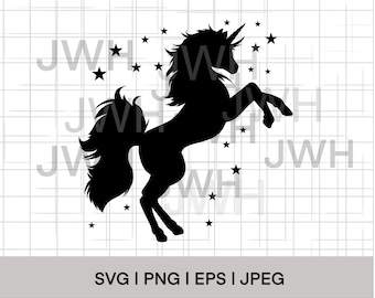 Puede incluir: Una silueta negra de un unicornio con un cuerno y una melena y cola fluidas, saltando con estrellas a su alrededor.