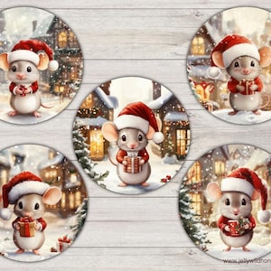 Kerstmuis in kerstmuts flesdop afbeeldingen digitaal collagevel 1 inch 25 mm ronde cabochons cirkel hanger knop download afdrukbaar
