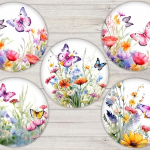 Hoja de collage digital con imágenes de tapas de botellas, mariposas y flores silvestres, cabujones redondos de 1 pulgada y 25 mm, colgante circular, botón, alfiler, descarga para imprimir