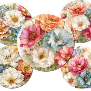 May include: Five round floral designs featuring watercolor-style flowers in shades of pink, orange, white, yellow, and blue. The flowers have detailed petals and yellow centers, set against a soft, off-white background. The designs are perfect for home decor.