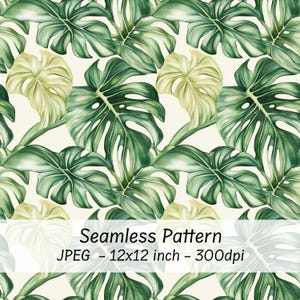 Puede incluir: Patrón sin costuras con ilustraciones de acuarela de hojas de Monstera en tonos verdes y verde amarillento. Las hojas tienen un diseño distintivo de hoja dividida. El patrón está sobre un fondo color crema. La imagen mide 30,5 x 30,5 cm.