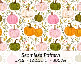Whimsical Painted Pumpkins Seamless Pattern, Instant Download, Fall Digital Paper, Colorful Scrapbooking Printable  Digital Background