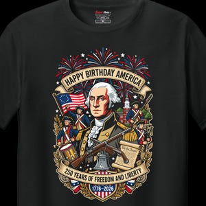May include: Black t-shirt with a patriotic graphic. The design features George Washington, the American flag, and the text "Happy Birthday America" and "250 Years of Freedom and Liberty 1776-2026".