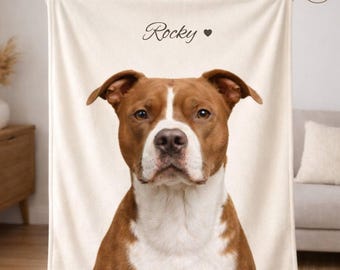 Pitbull aangepaste deken van foto met naam, gepersonaliseerde Pitbull portret deken, aangepaste hondendeken, hondenliefhebber cadeau, huisdier herdenkingsdeken