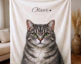 Custom Cat Photo Blanket with Name, Personalized Pet Blanket from Picture, Cozy Velveteen Cat Lover Gift