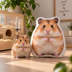 Könnte beinhalten: Ein kleiner braun-weißer Hamster steht neben einem großen, flachen Plüschkissen in Hamsterform. Das Kissen zeigt einen hochauflösenden Fotodruck eines Hamsters mit braunem, weißem und beigem Fell, der dem lebenden Hamster sehr ähnlich sieht.
