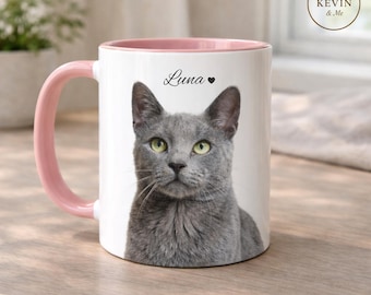 Personalized Cat Mug, Custom Pet Portrait Mug, Gray Cat Coffee Cup with Name, Pink Handle Mug, Cat Lover Gift