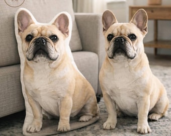 Aangepast kussen in de vorm van een Franse bulldog van foto, ultrarealistisch 3D hondenkussen, gepersonaliseerd huisdiercadeau, herdenkingsaandenken