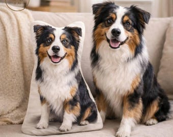 Custom Australian Shepherd Pillow from Photo, Personalized Shaped Dog Pillow, Realistic Pet Portrait Cushion, Unique Dog Lover Gift