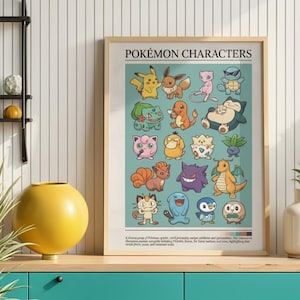 May include: A framed poster titled "Pok&eacute;mon Characters" featuring colorful illustrations of various Pok&eacute;mon. The poster is displayed on a wooden surface against a white striped wall. Decorative items, including vases and a yellow sphere, are also visible.