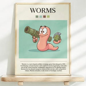 Pode incluir: Um pôster emoldurado com a palavra "WORMS" no topo. Abaixo, um personagem de desenho animado de verme segurando uma arma grande e uma granada. O pôster tem uma borda bege clara e um fundo turquesa. O texto na parte inferior descreve o jogo.
