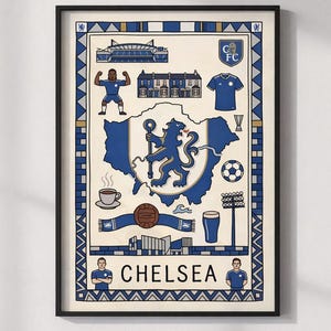 May include: Framed art print with a blue and white illustration of Chelsea Football Club. The artwork includes a map outline, team logo, stadium, jersey, and the word "CHELSEA".