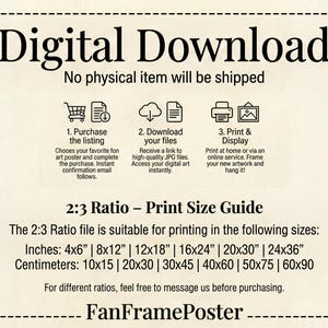 May include: Digital download art print information guide. Includes instructions for purchasing, downloading, and printing digital art. Print size guide includes inches: 4x6", 8x12", 12x18", 16x24", 20x30", 24x36".