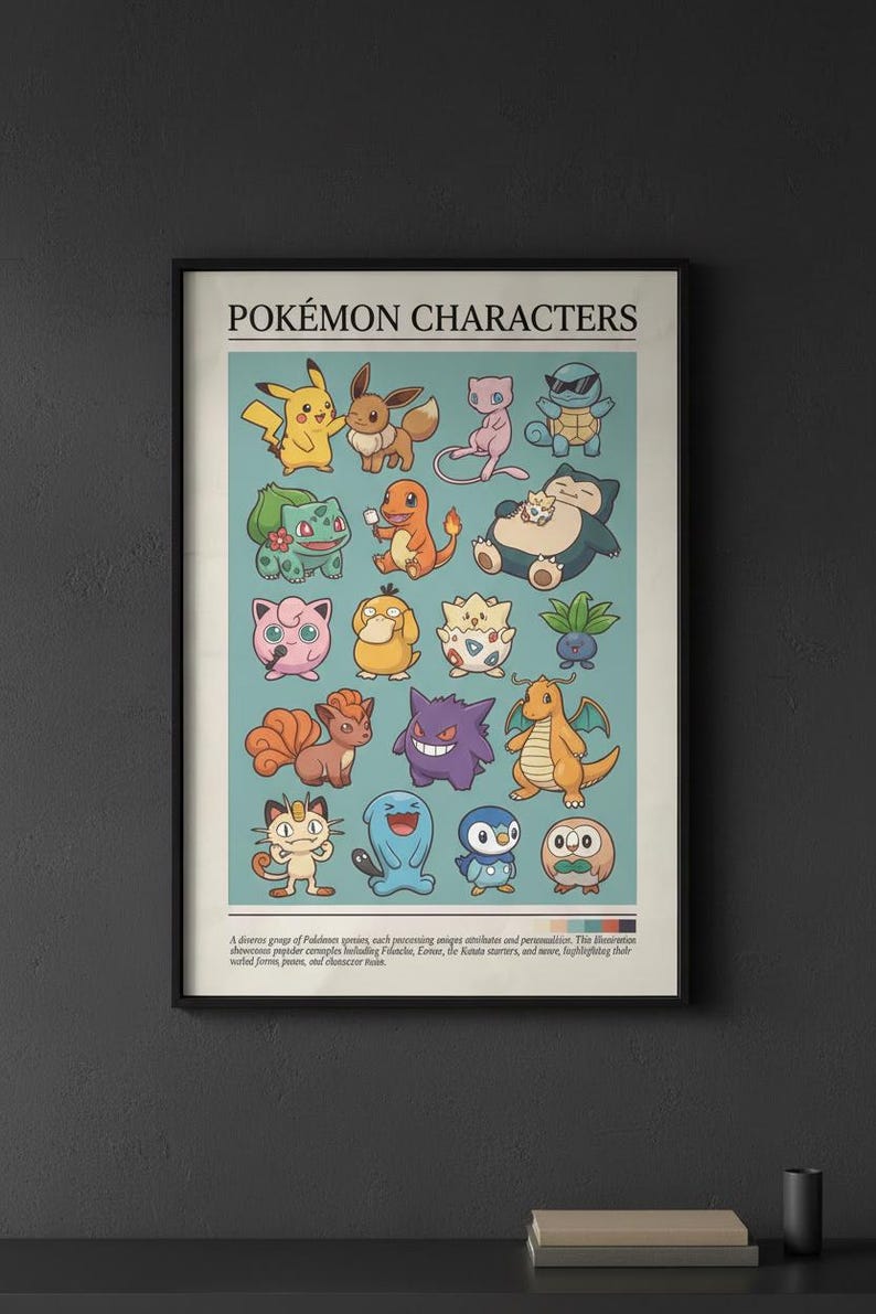 May include: A framed poster titled "POK&Eacute;MON CHARACTERS" featuring colorful illustrations of various Pok&eacute;mon. The poster has a light blue background and includes characters like Pikachu, Eevee, and Squirtle. The poster is in a black frame.