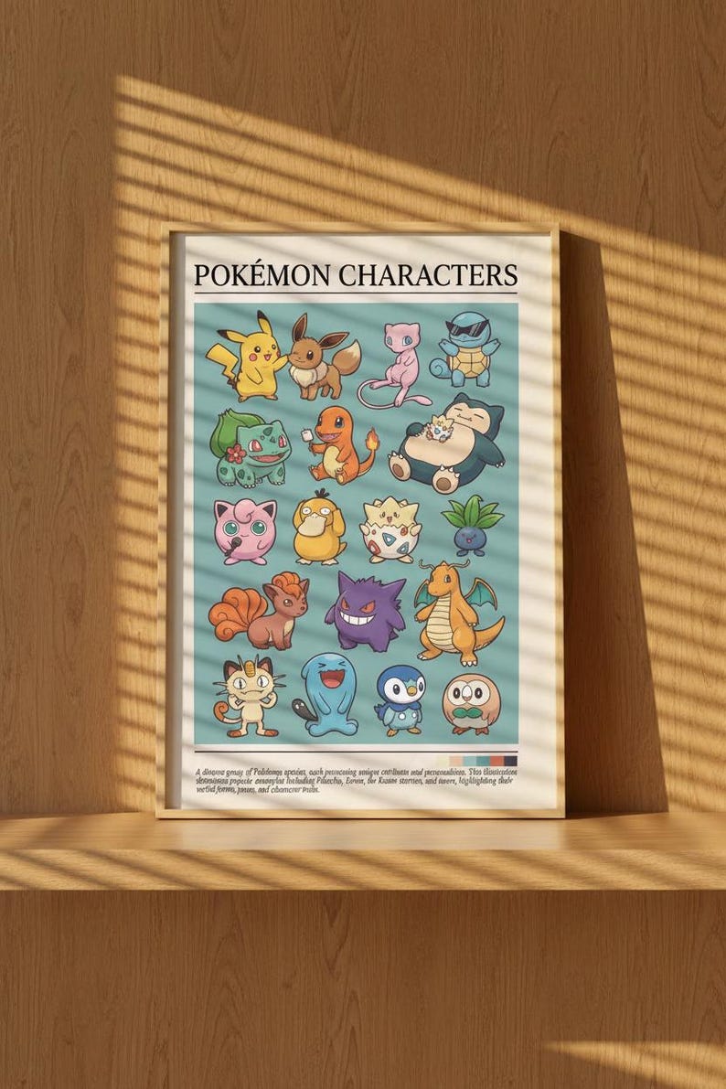 May include: A framed poster featuring various Pok&eacute;mon characters, including Pikachu, Eevee, and Bulbasaur. The poster has a light blue background and is displayed on a wooden shelf. The text "Pok&eacute;mon Characters" is at the top.