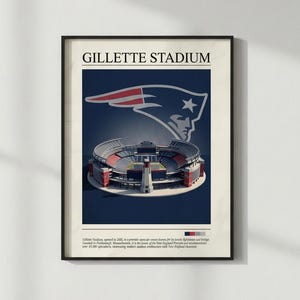 Puede incluir: Un póster enmarcado con el estadio Gillette, sede de los New England Patriots. El estadio se representa en una representación 3D detallada, con el logotipo del equipo y las palabras "GILLETTE STADIUM" en la parte superior. El póster tiene un borde blanco.
