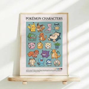 May include: A framed poster featuring various Pok&eacute;mon characters, including Pikachu, Eevee, and Bulbasaur, against a light blue background. The poster has the text "Pok&eacute;mon Characters" at the top and is displayed on a wooden shelf.