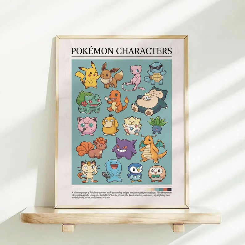 May include: A framed poster featuring various Pok&eacute;mon characters, including Pikachu, Eevee, and Bulbasaur, against a light blue background. The poster has the text "Pok&eacute;mon Characters" at the top and is displayed on a wooden shelf.