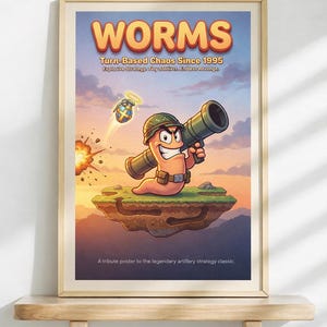 Puede incluir: Póster del juego "Worms" con un gusano de dibujos animados sosteniendo un bazuca. El póster incluye el título del juego, el eslogan y el año 1995. El fondo muestra una isla y una puesta de sol. El póster está enmarcado.