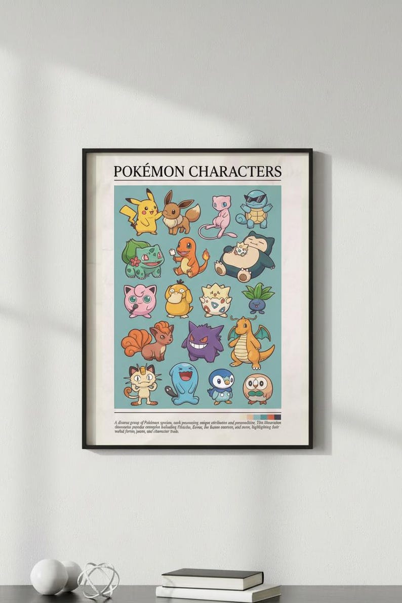 May include: A framed poster titled "POK&Eacute;MON CHARACTERS" featuring colorful illustrations of various Pok&eacute;mon characters. The poster has a light blue background and includes characters like Pikachu, Eevee, and Charmander. The poster is framed in black.