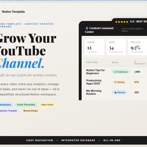 Peut inclure: Un modèle Notion numérique pour créateurs de contenu YouTube. La conception présente un tableau de bord avec des mesures pour les vidéos, les idées et le meilleur CTR. Le texte dit "Développez votre chaîne YouTube".