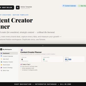 Peut inclure: Interface de planificateur numérique "Content Creator Planner" avec tableau de bord, calendrier de contenu et suivi analytique. Le planificateur est conçu pour une création de contenu cohérente et comprend un badge "Best Seller".