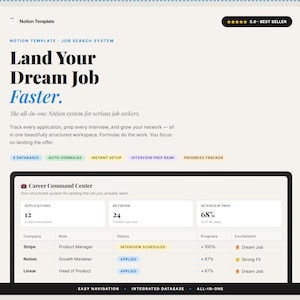 Peut inclure: Un modèle Notion numérique pour les demandeurs d'emploi, avec le texte "Land Your Dream Job Faster." L'interface comprend des sections pour les candidatures, le réseau et la préparation aux entretiens, avec un badge "Best Seller" 5 étoiles.