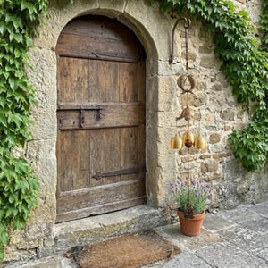 Peut inclure: Un carillon à vent en métal suspendu avec un ornement de poisson décoratif au sommet, une pièce florale centrale et trois cloches couleur laiton suspendues, placé à côté d'une porte en bois et d'un pot en terre cuite avec de la lavande.