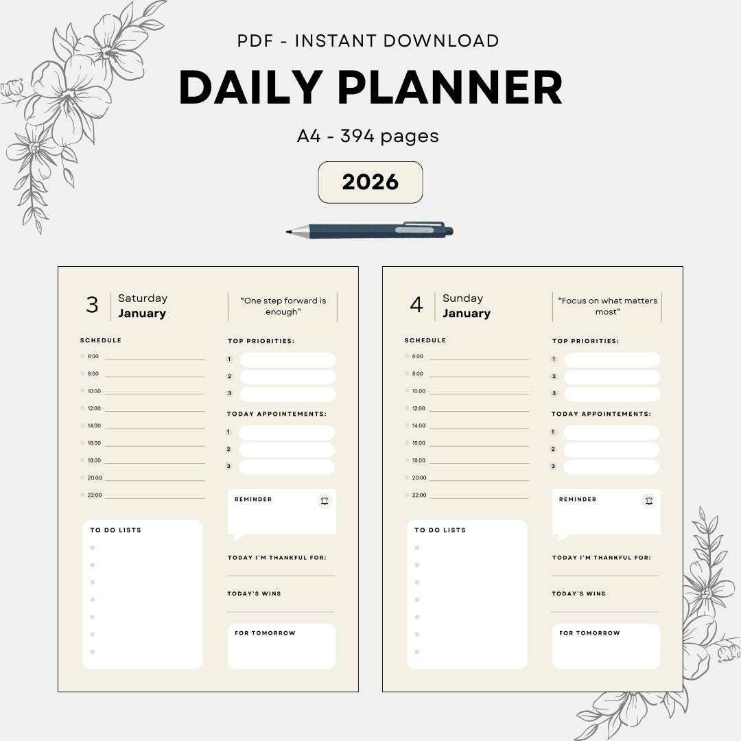 2026 Daily Planner | Minimalist A4 Printable (PDF) - Etsy