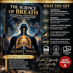 Pode incluir: Um livro intitulado The Science of Breath de Occult Naga apresentando uma silhueta humana brilhante com pulmões e padrões geométricos. A capa inclui texto sobre trabalho respiratório, consciência e energia, além de funções de download.
