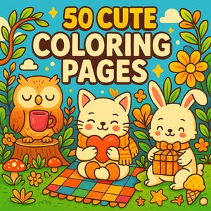 Puede incluir: Ilustración colorida para la portada de un libro para colorear. La imagen presenta un búho con una taza, un gato con un corazón y un conejo con un regalo. El texto "50 Cute Coloring Pages" se muestra en letras grandes.