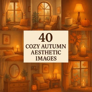 Puede incluir: Un collage de imágenes estéticas de otoño acogedoras. Las imágenes presentan interiores de tonos cálidos con calabazas, lámparas y velas. El texto "40 COZY AUTUMN AESTHETIC IMAGES" se muestra en el centro.