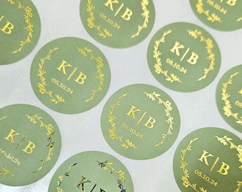 Naklejki ślubne na zamówienie | Upominki ślubne | Etykiety personalizowane | Złota folia | Szałwiowa zieleń | Zaręczyny | Srebro