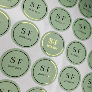 Personalised wedding stickers Gold foil Sage greenWedding favour labels