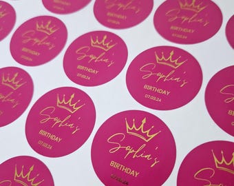 Pegatinas de cumpleaños personalizadas / Bolsa de fiesta / Etiquetas personalizadas / Lámina dorada y plateada / Corona de princesa / Color personalizado