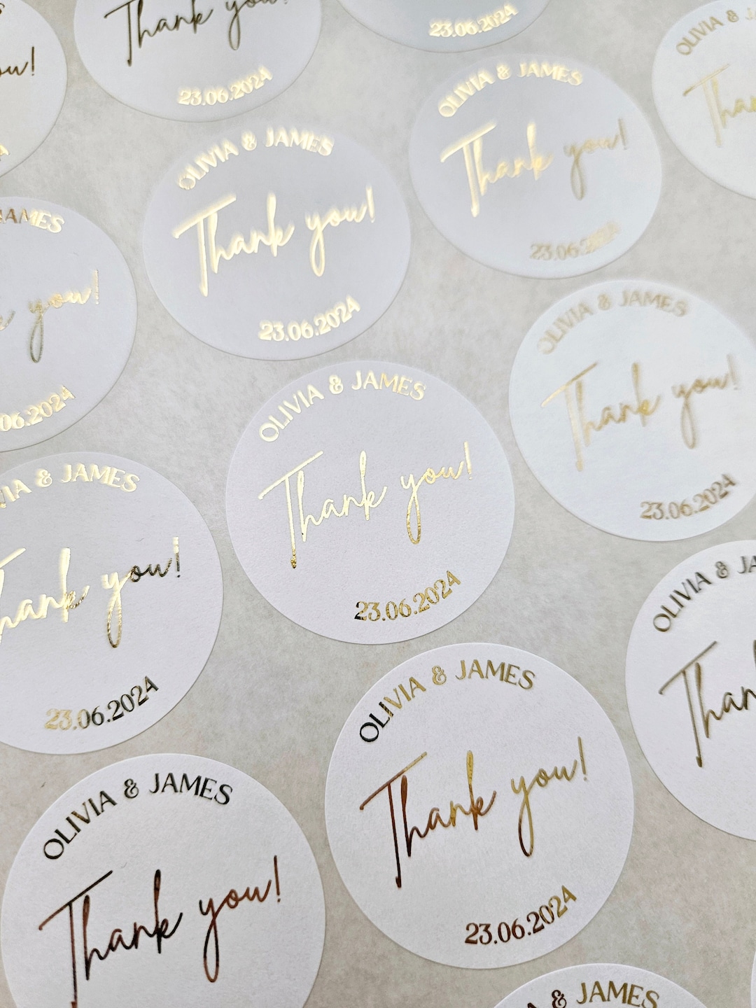 Personalised Gold Silver Foil Wedding Thank You Stickers: White, Sage ...