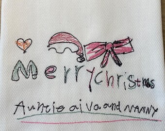 Personalized custom kids artwork drawing, embroidered on a Tea towel, Memory Keepsake.