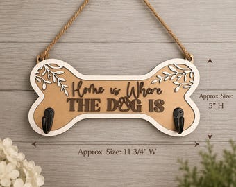 Dog Leash Holder Wall Hook | Bone Shaped Wood Sign, Entryway Organizer