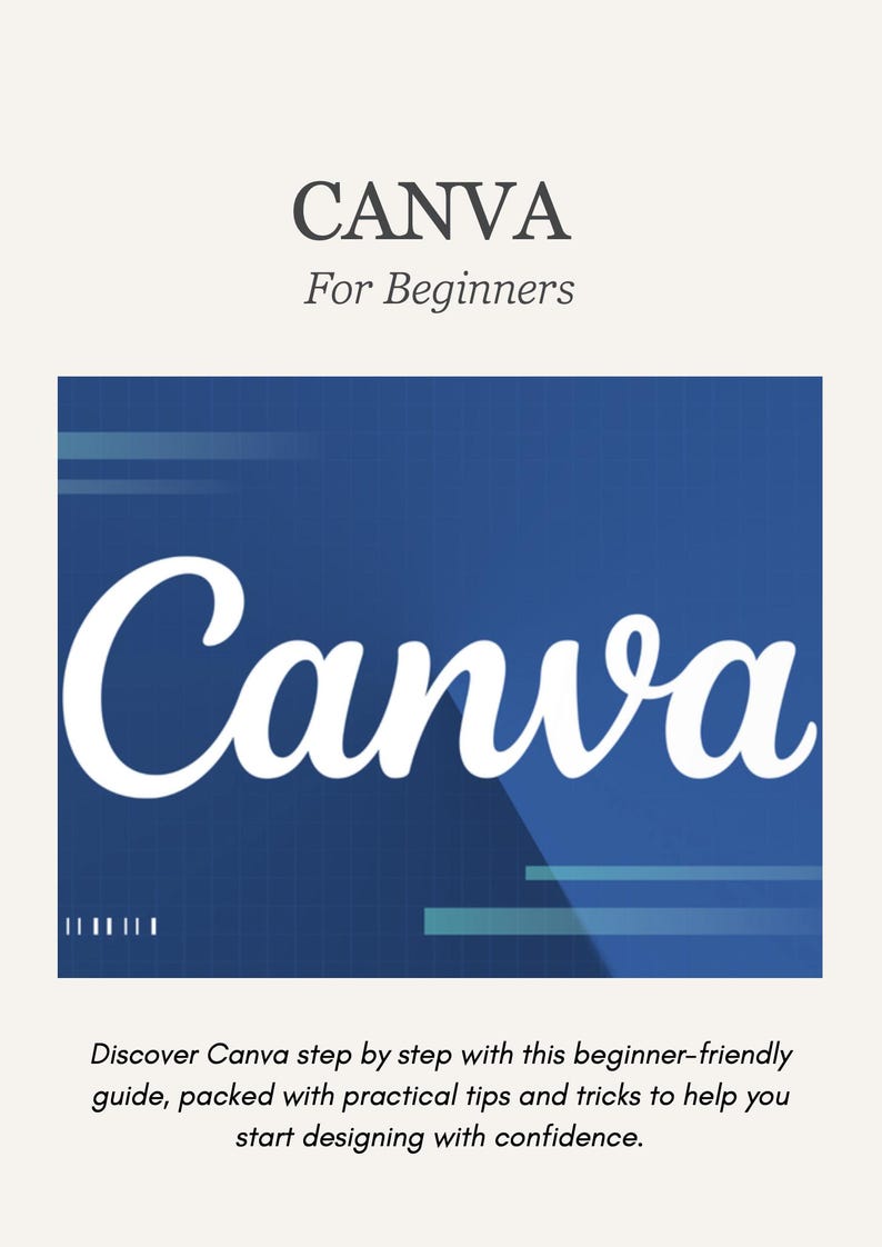 Peut inclure: Une couverture de livre avec le titre "CANVA For Beginners" en blanc. Le mot "Canva" est affich&eacute; en blanc sur un fond bleu avec des formes g&eacute;om&eacute;triques. Le texte en dessous dit : "D&eacute;couvrez Canva &eacute;tape par &eacute;tape avec ce guide..."