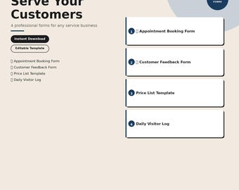 Paquete de formularios para clientes / Reservas, Comentarios, Lista de precios, Registro de visitantes (Word)
