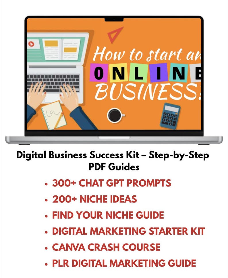 Peut inclure: Un &eacute;cran d'ordinateur portable affiche "How to start an ONLINE BUSINESS!" avec des lettres color&eacute;es. En dessous, une liste de guides commerciaux num&eacute;riques comprend "300+ CHAT GPT PROMPTS" et "200+ NICHE IDEAS."