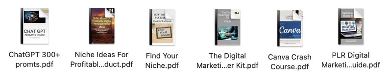 Peut inclure: Une collection de guides et de cours de marketing num&eacute;rique, dont les titres sont "ChatGPT 300+ Prompts", "Niche Ideas For Profitable" et "Canva Crash Course". Chaque guide a une conception de couverture unique, avec du texte visible.