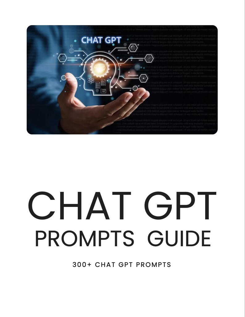 Peut inclure: Une couverture de livre avec le titre "CHAT GPT PROMPTS GUIDE" en grandes lettres noires en gras. En dessous du titre, le texte "PROMPTS GUIDE" est en plus petit. La couverture pr&eacute;sente &eacute;galement une illustration d'un cerveau lumineux et le texte "300+ CHAT GPT PROMPTS".