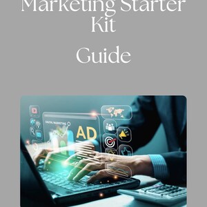 Peut inclure: Un guide de marketing num&eacute;rique intitul&eacute; "The Digital Marketing Starter Kit Guide" en texte blanc sur fond gris. L'image montre un ordinateur portable avec des ic&ocirc;nes de marketing num&eacute;rique et le mot "AD" &agrave; l'&eacute;cran.