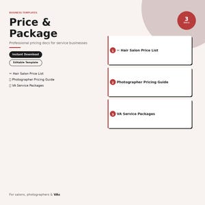 以下が含まれることがあります： Price & Packageというタイトルのビジネス用テンプレートセット。Hair Salon Price List、Photographer Pricing Guide、VA Service Packagesの3つのドキュメントが含まれています。レイアウトにはInstant DownloadとEditable Templateのボタンがあります。