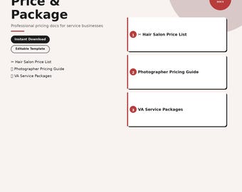 Paquete de plantillas de precios para empresas / Salones de belleza, fotógrafos y paquetes de servicios de asistentes virtuales (descarga instantánea)