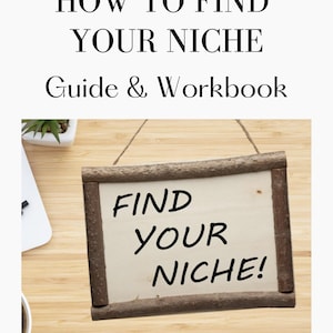 Peut inclure: Un panneau en bois avec le texte "FIND YOUR NICHE!" est suspendu &agrave; une ficelle. Le panneau est encadr&eacute; de branches marron. L'image comprend &eacute;galement le texte "HOW TO FIND YOUR NICHE Guide & Workbook" en noir.